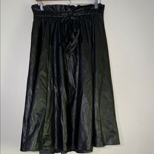 New York & Company Black Midi A-Line Faux Leather Skirt with Tie Front